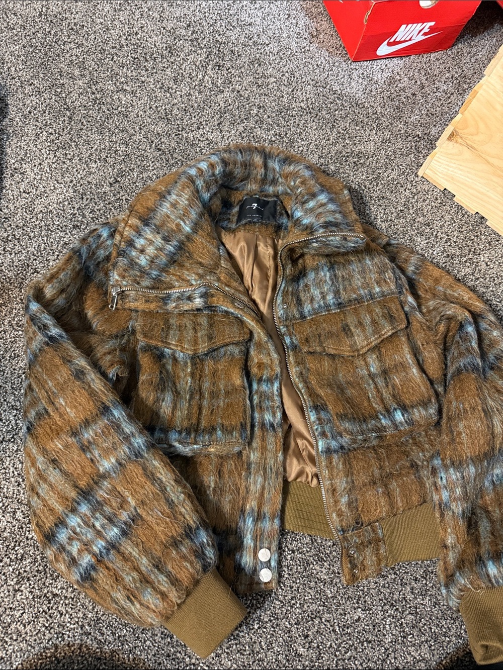7 For All Mankind Plaid Bomber Jacket in Brown and Blue - Picture 3 of 3